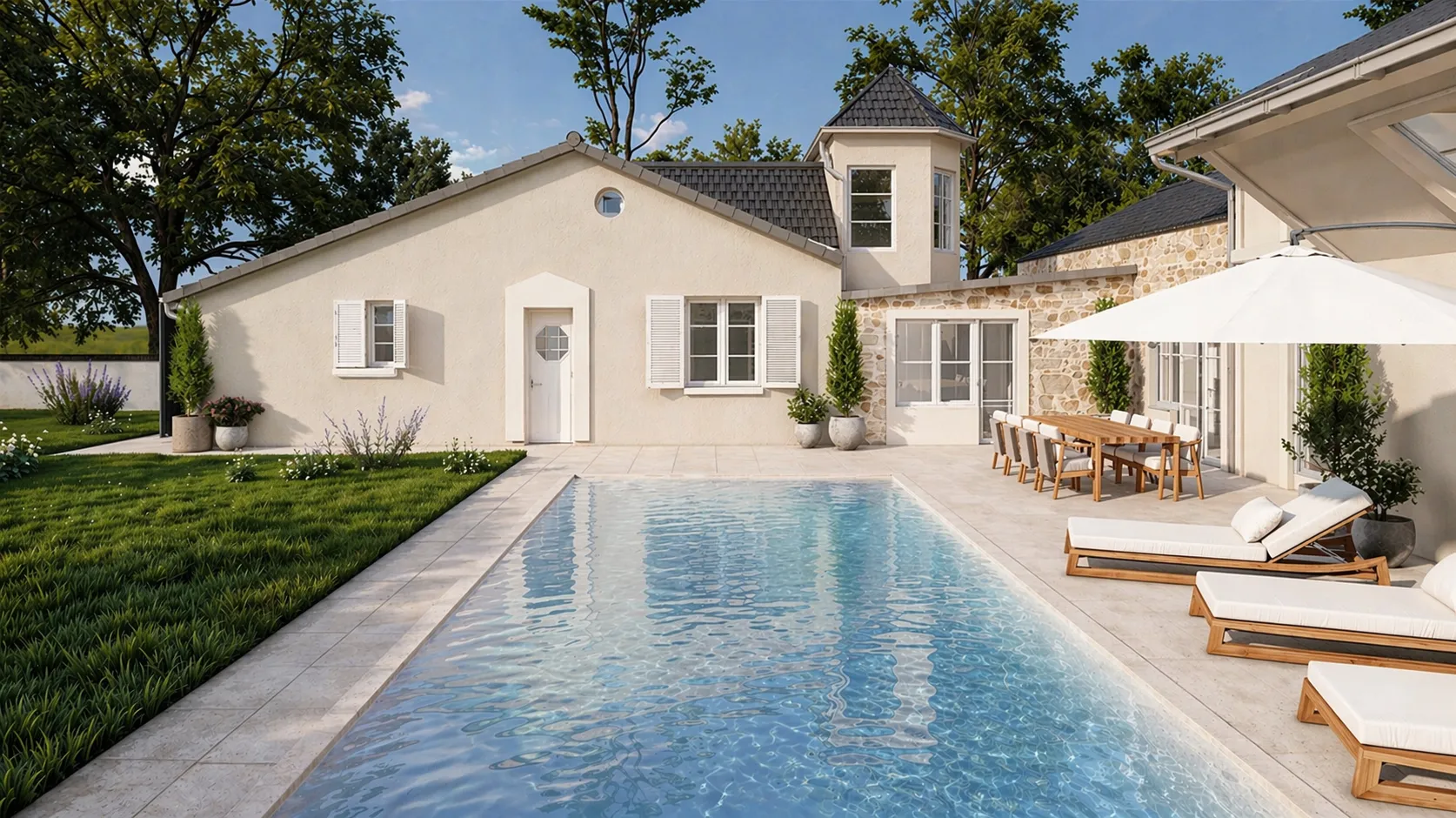 extension maison Lagny-sur-Marne, architecte extension 77, liaison entre deux maisons, extension contemporaine maison individuelle, aménagement paysager haut de gamme, terrasse piscine pool house, architecte Seine-et-Marne, suite parentale extension, architecture contemporaine Lagny-sur-Marne, EFi Studio architecte.